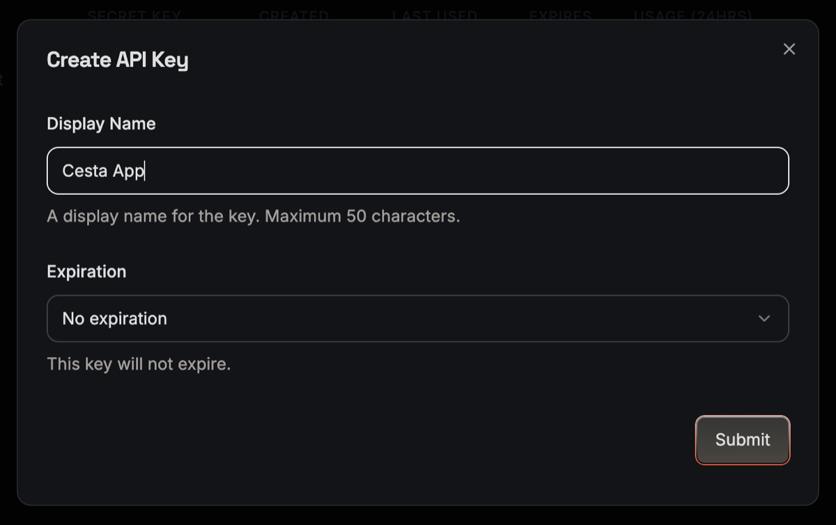 La ventana Create API Key, con el nombre Cesta App y No expiration